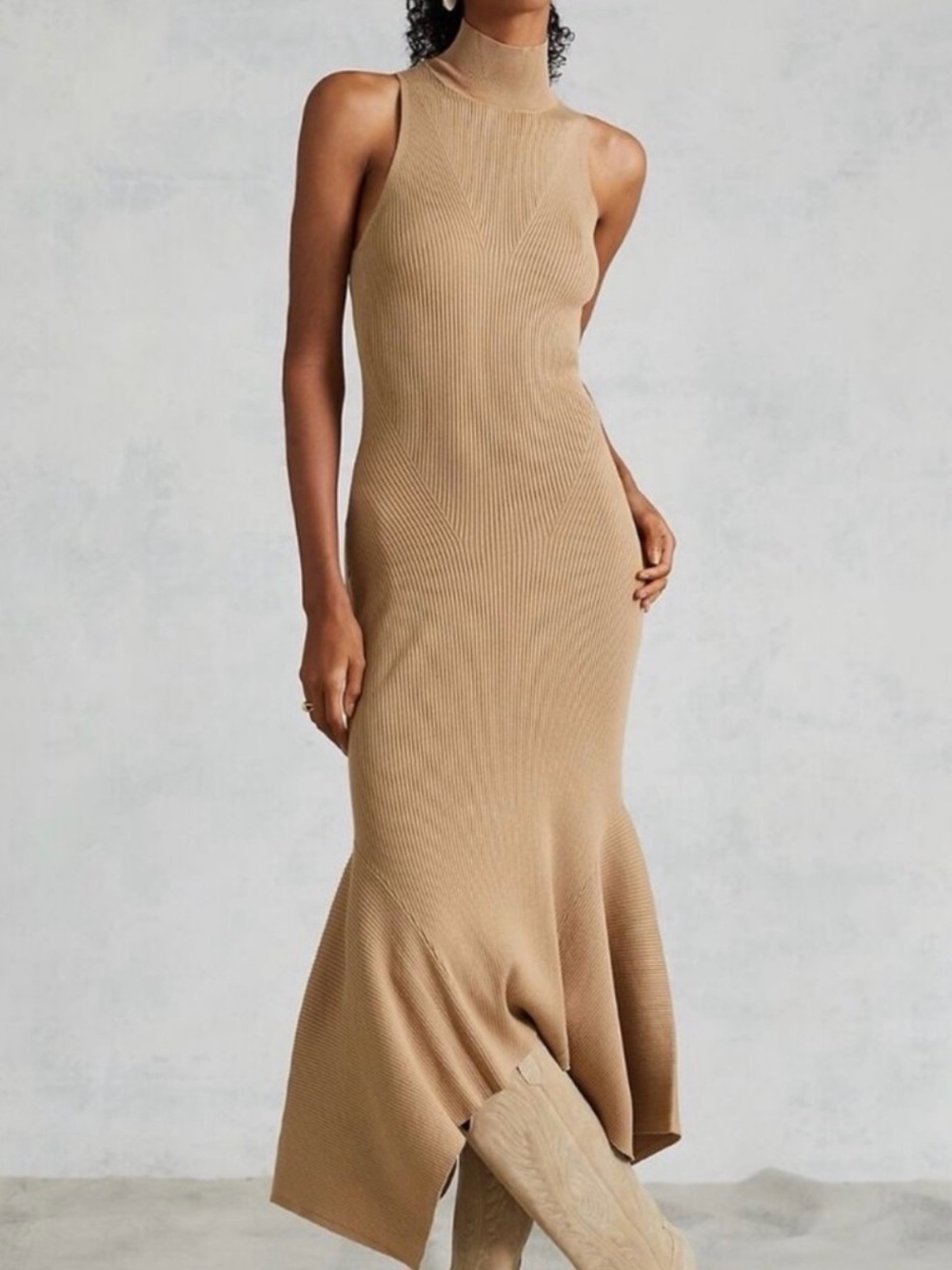 Anthropologie Stretch Ribbed Bodycon Mermaid Sleeveless Midi Dress Tan Brown XS